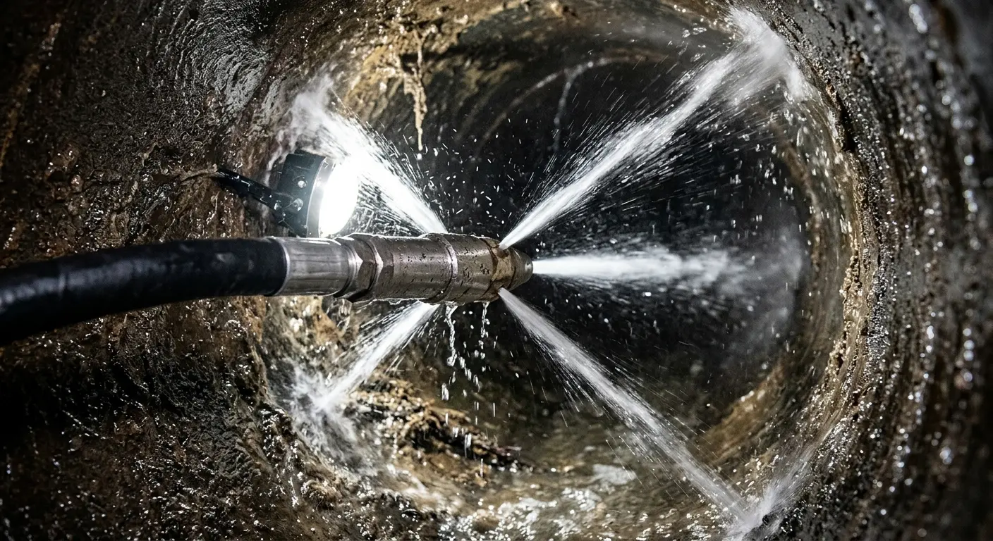 High-pressure hydro jetting nozzle cleaning sewer pipe for Emergency Drain Service in Aurora