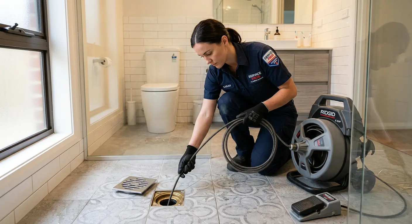 Technician clearing a bathroom floor drain for Sewer Line Installation in Aurora